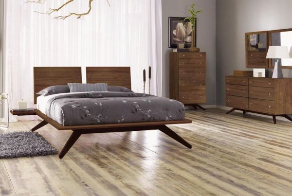 Astrid Bed without Headboard Panels in Walnut and Dark Chocolate